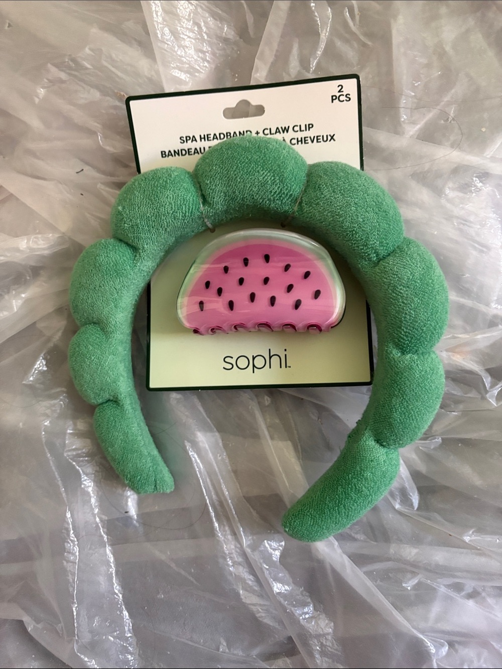 Green Plush Spa Headband with Pink Watermelon Claw Clip